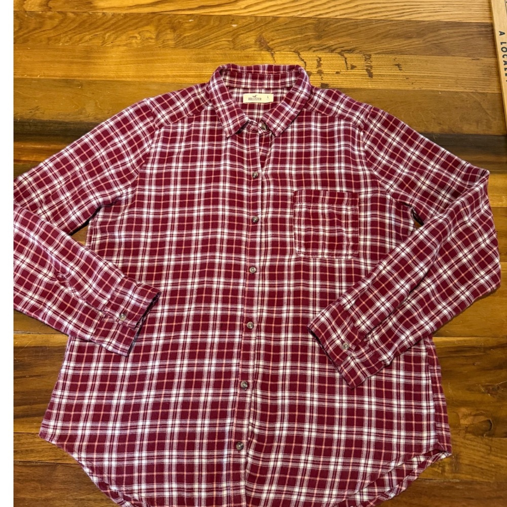 Hollister Womens Large Red White Plaid Flannel Button Down Shirt Long Sleeve L